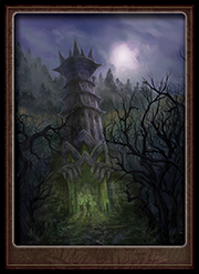 An eerie tower with dead trees surrounded by forest at night