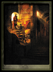 Adventurers passing through an entrance in to a dark chamber