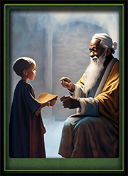 Wise old man talking to a child